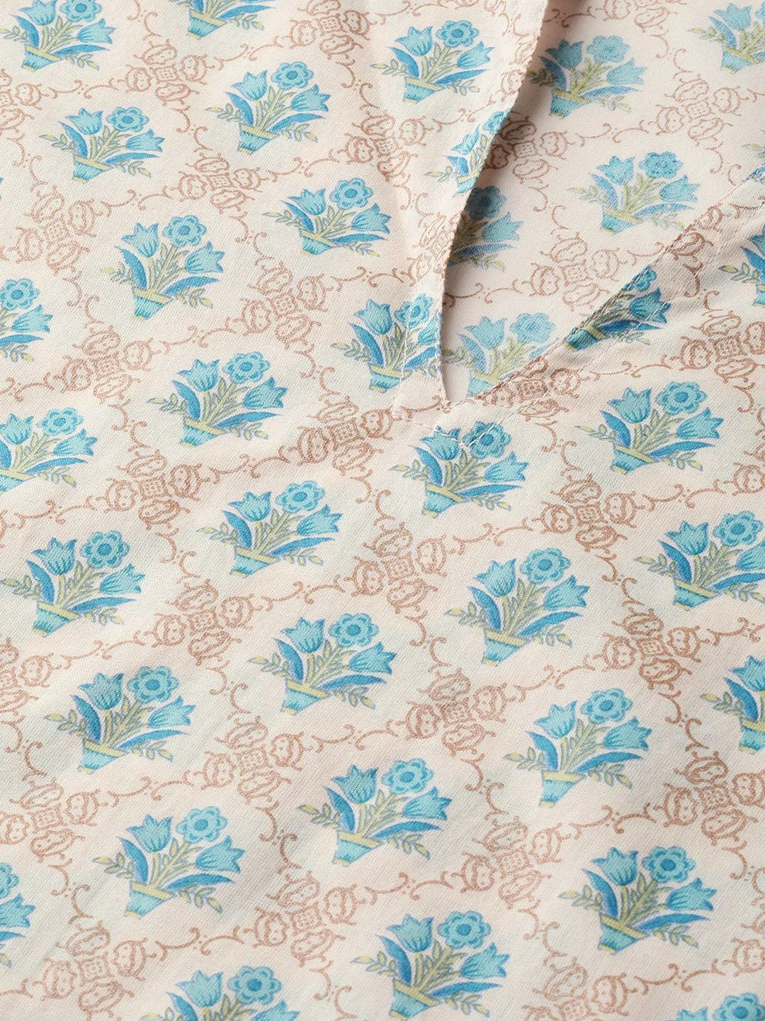 Cream Printed Kurta Set With Solid Green Pant