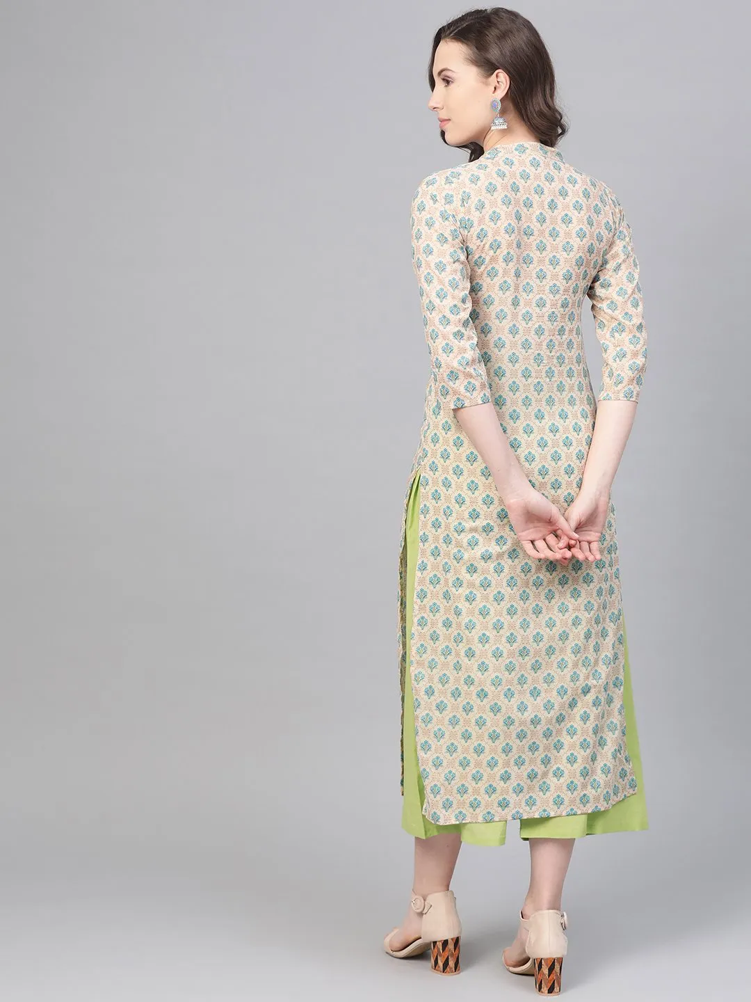 Cream Printed Kurta Set With Solid Green Pant