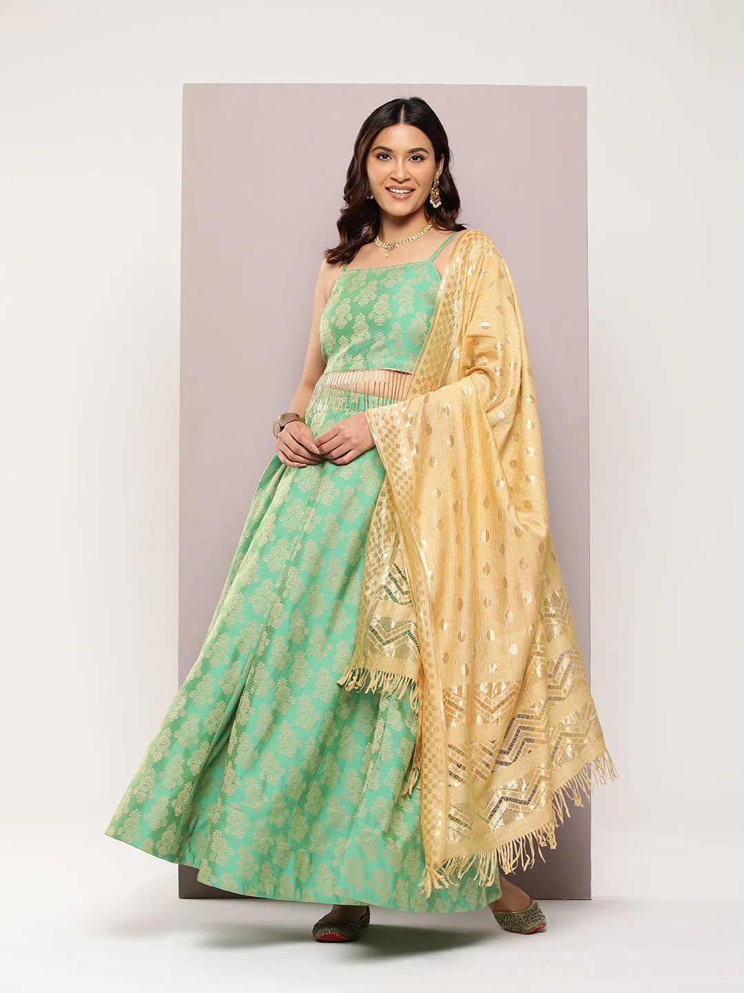 Cutdana Emblished Jacqard Lehenga Choli With Dupatta