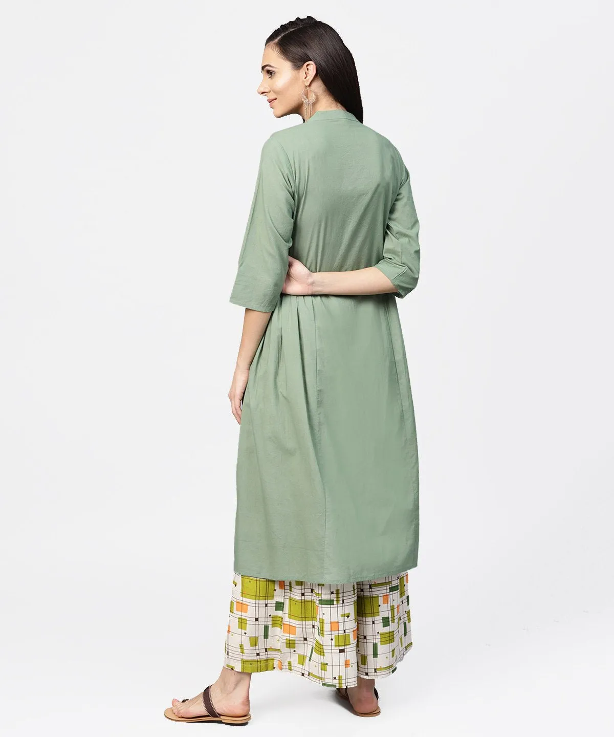 Dark Green Solid 3/4Th Sleeve Cotton A-Line Kurta
