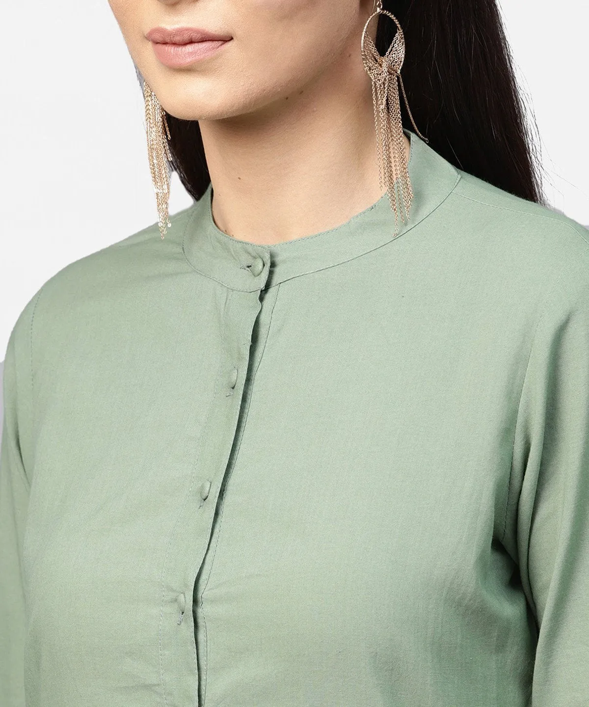 Dark Green Solid 3/4Th Sleeve Cotton A-Line Kurta