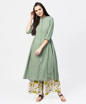 Dark Green Solid 3/4Th Sleeve Cotton A-Line Kurta