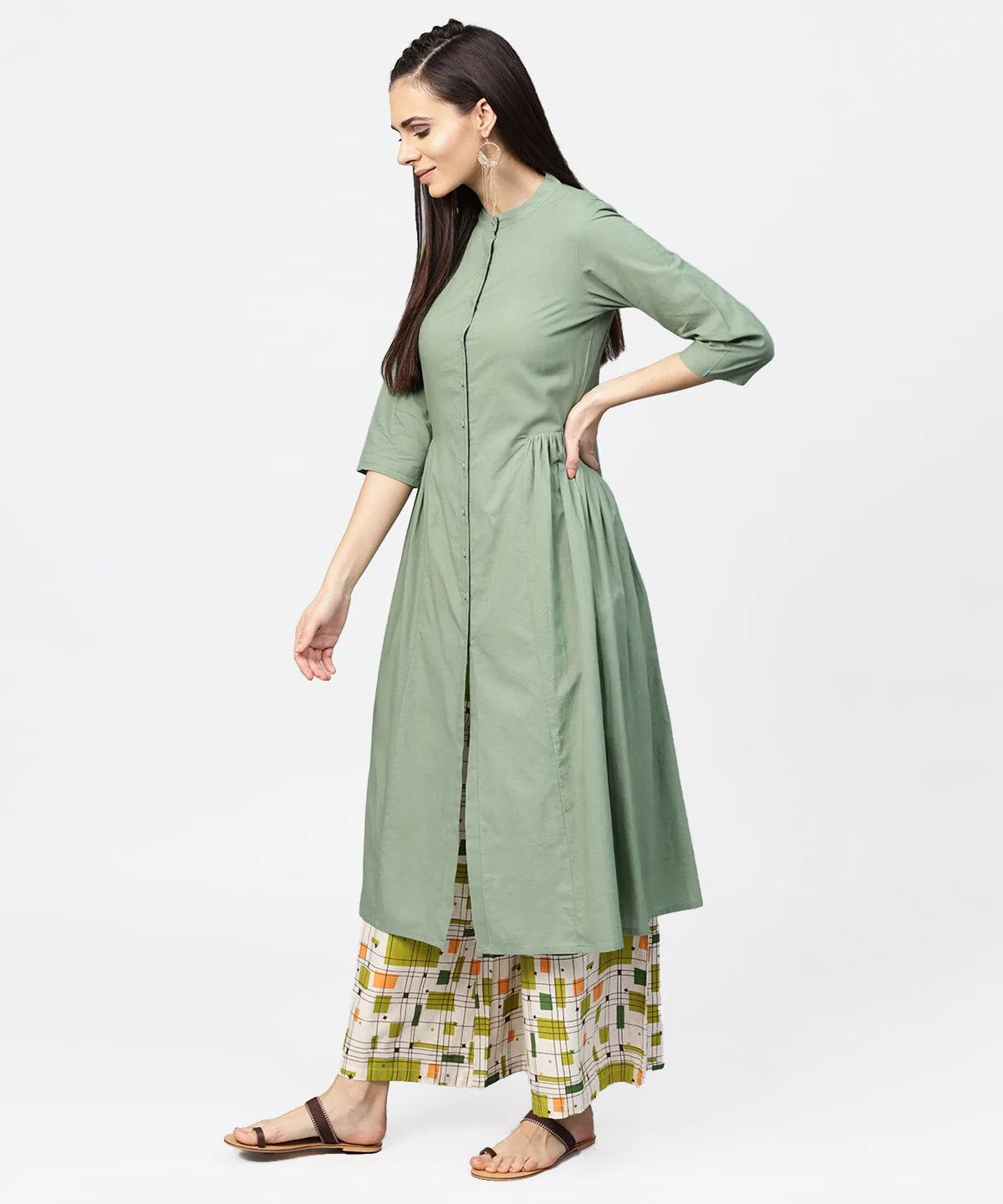 Dark Green Solid 3/4Th Sleeve Cotton A-Line Kurta