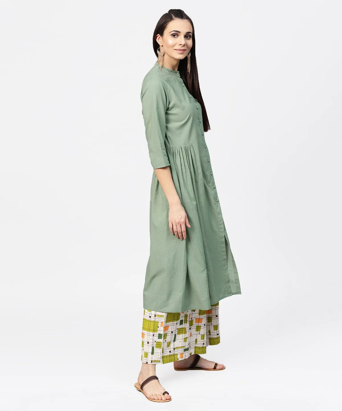 Dark Green Solid 3/4Th Sleeve Cotton A-Line Kurta