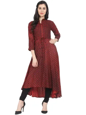 Dark Red Check Printed 3/4Th Sleeve Cotton Anarkali Kurta