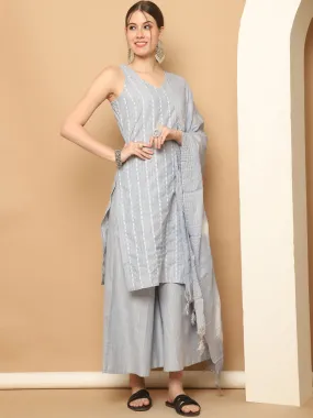 Dobby Blue Kurta With Palazzos & With Dupatta