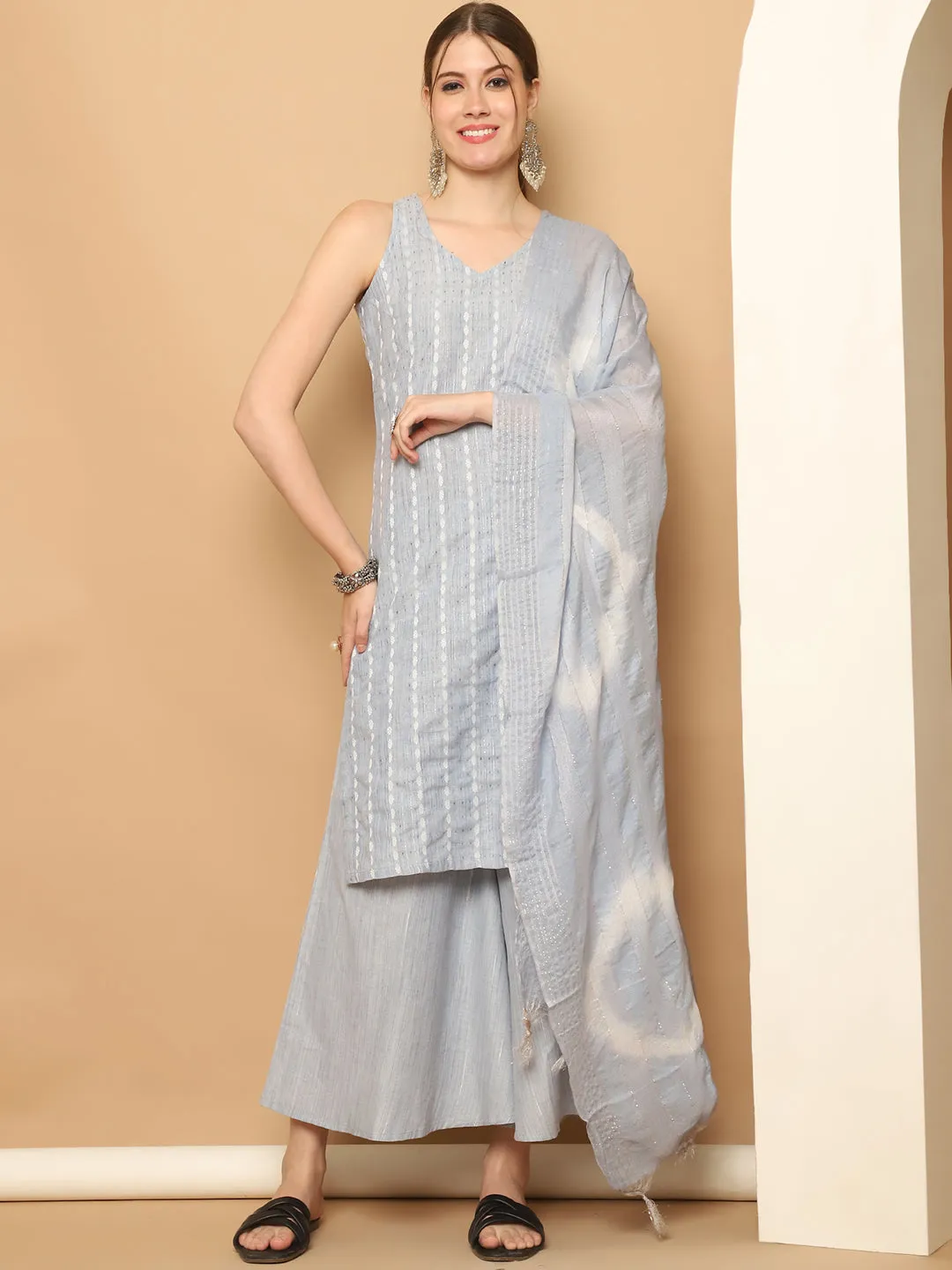 Dobby Blue Kurta With Palazzos & With Dupatta