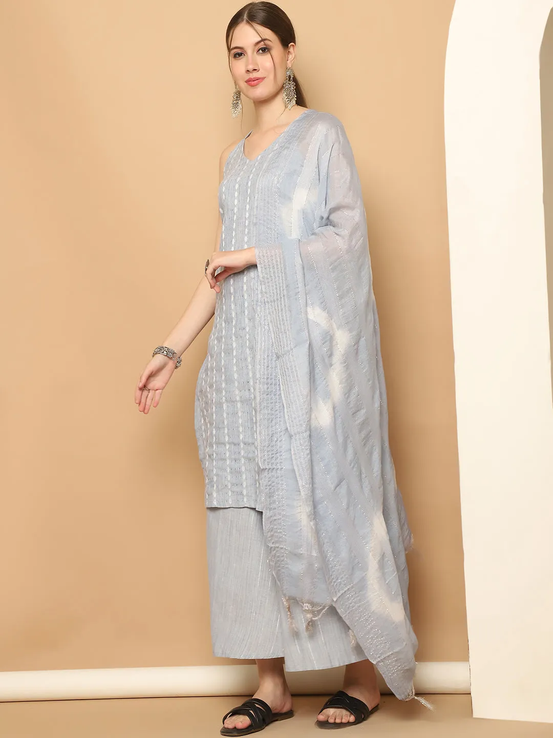 Dobby Blue Kurta With Palazzos & With Dupatta
