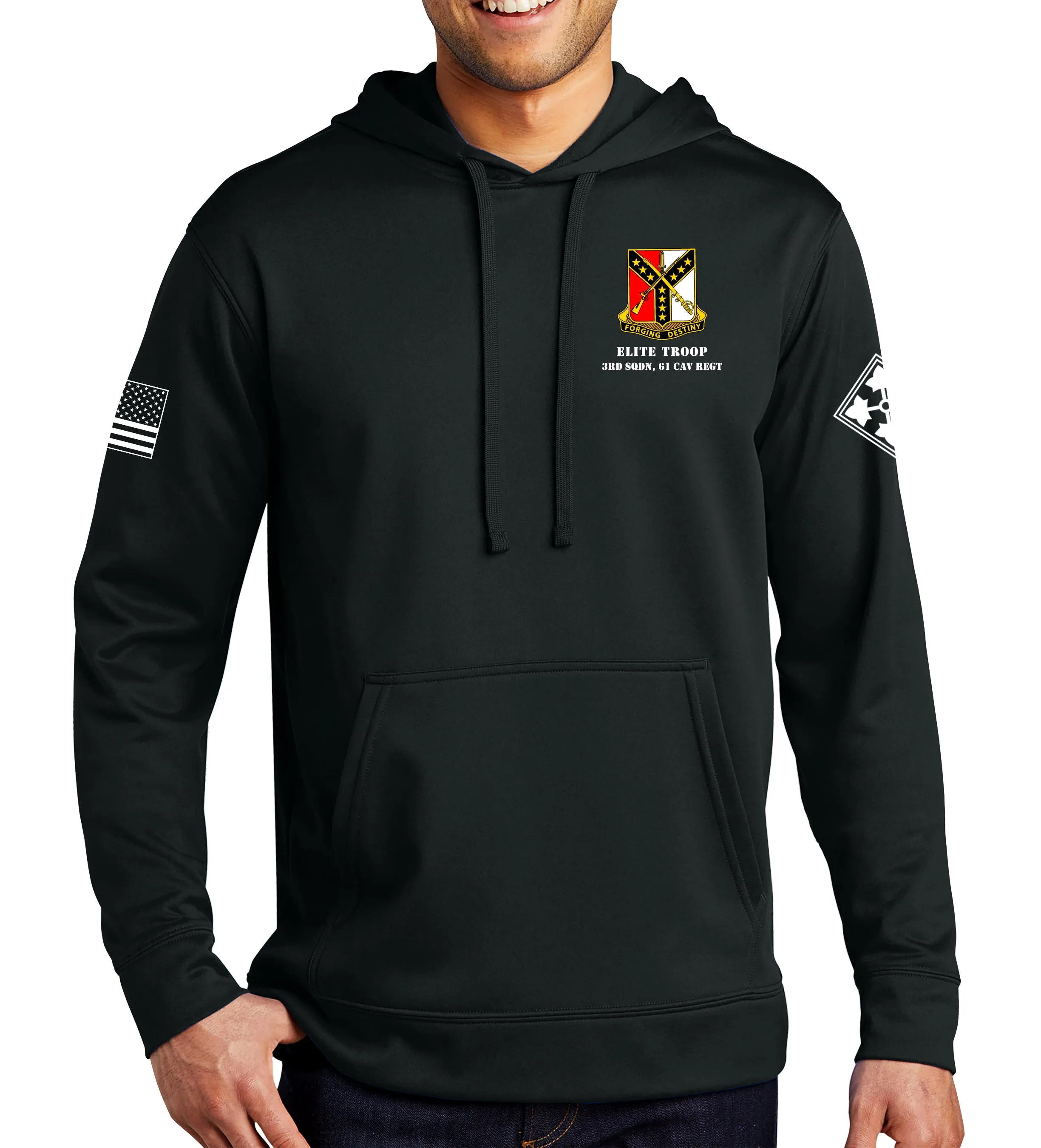Elite Performance Hoodie Black on Black Sweatshirt. (This material is lighter than the 50-50) This sweatshirt is NOT approved for PT.