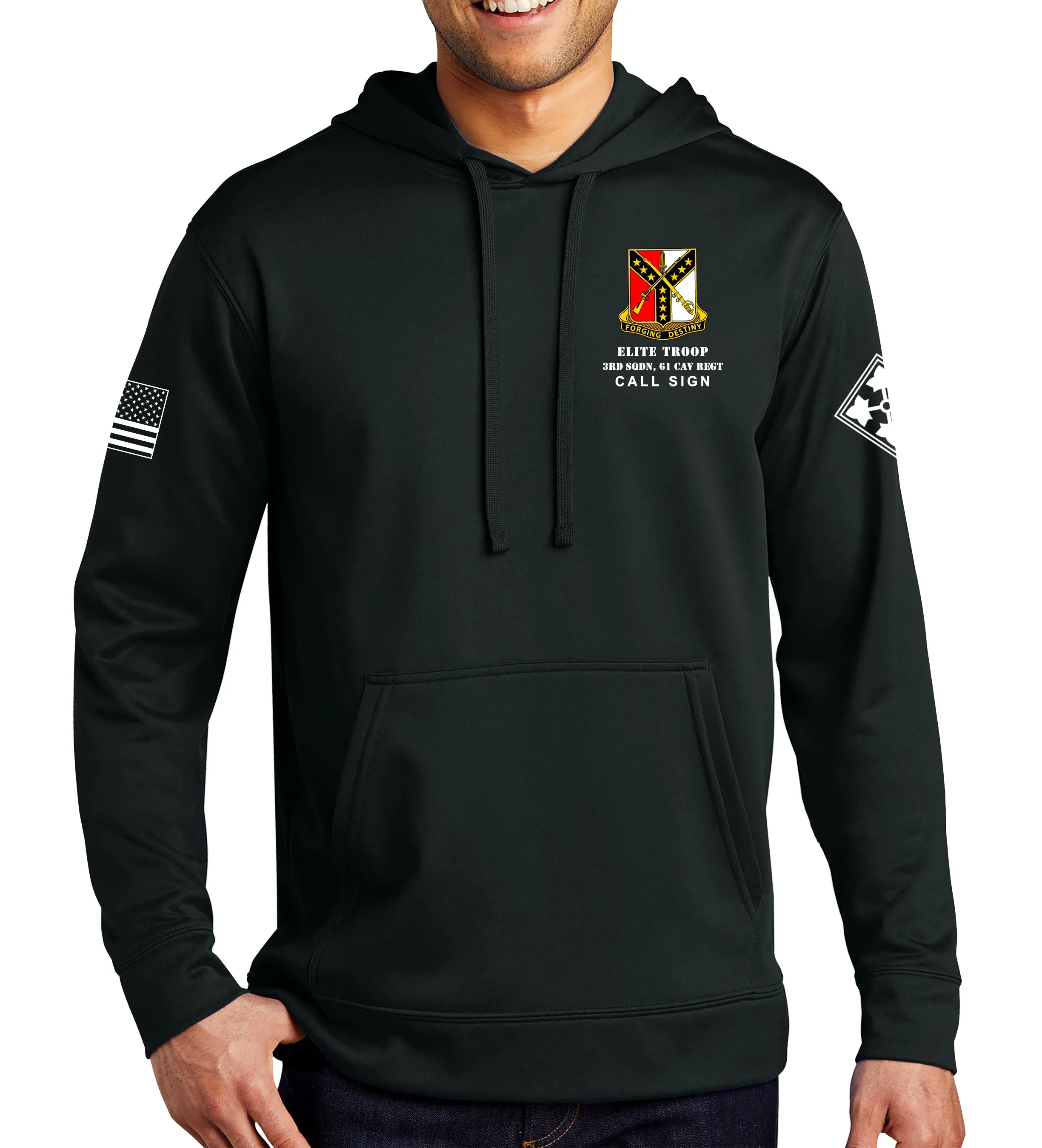 Elite Performance Hoodie Black on Black Sweatshirt. (This material is lighter than the 50-50) This sweatshirt is NOT approved for PT.
