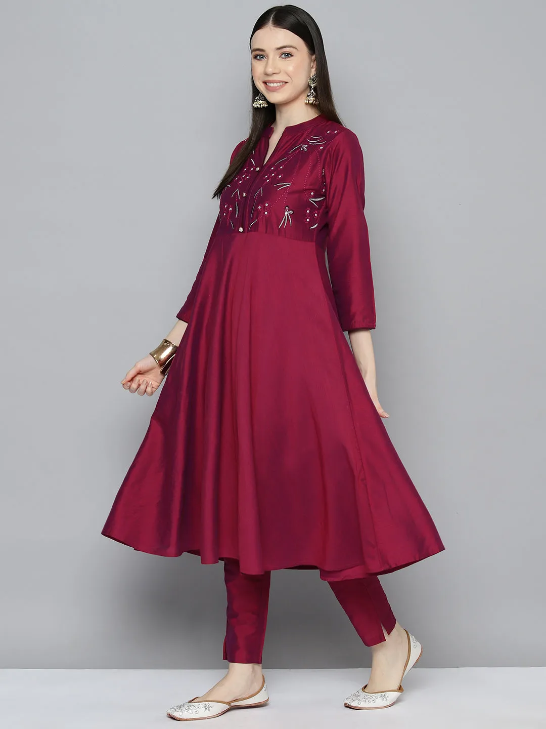 Embroidered Cotton Silk Flared Kurta,Pant With Dupatta Set