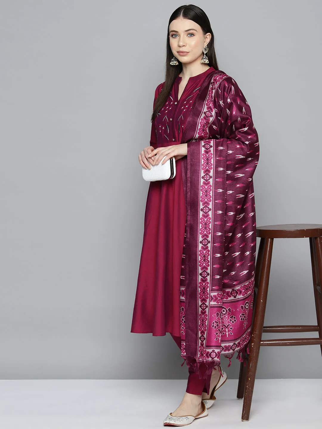 Embroidered Cotton Silk Flared Kurta,Pant With Dupatta Set