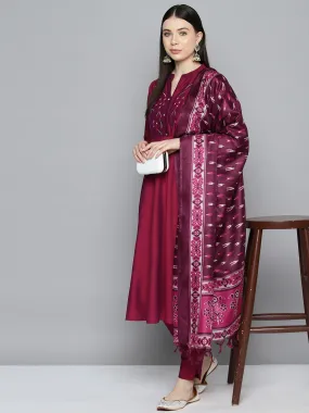 Embroidered Cotton Silk Flared Kurta,Pant With Dupatta Set