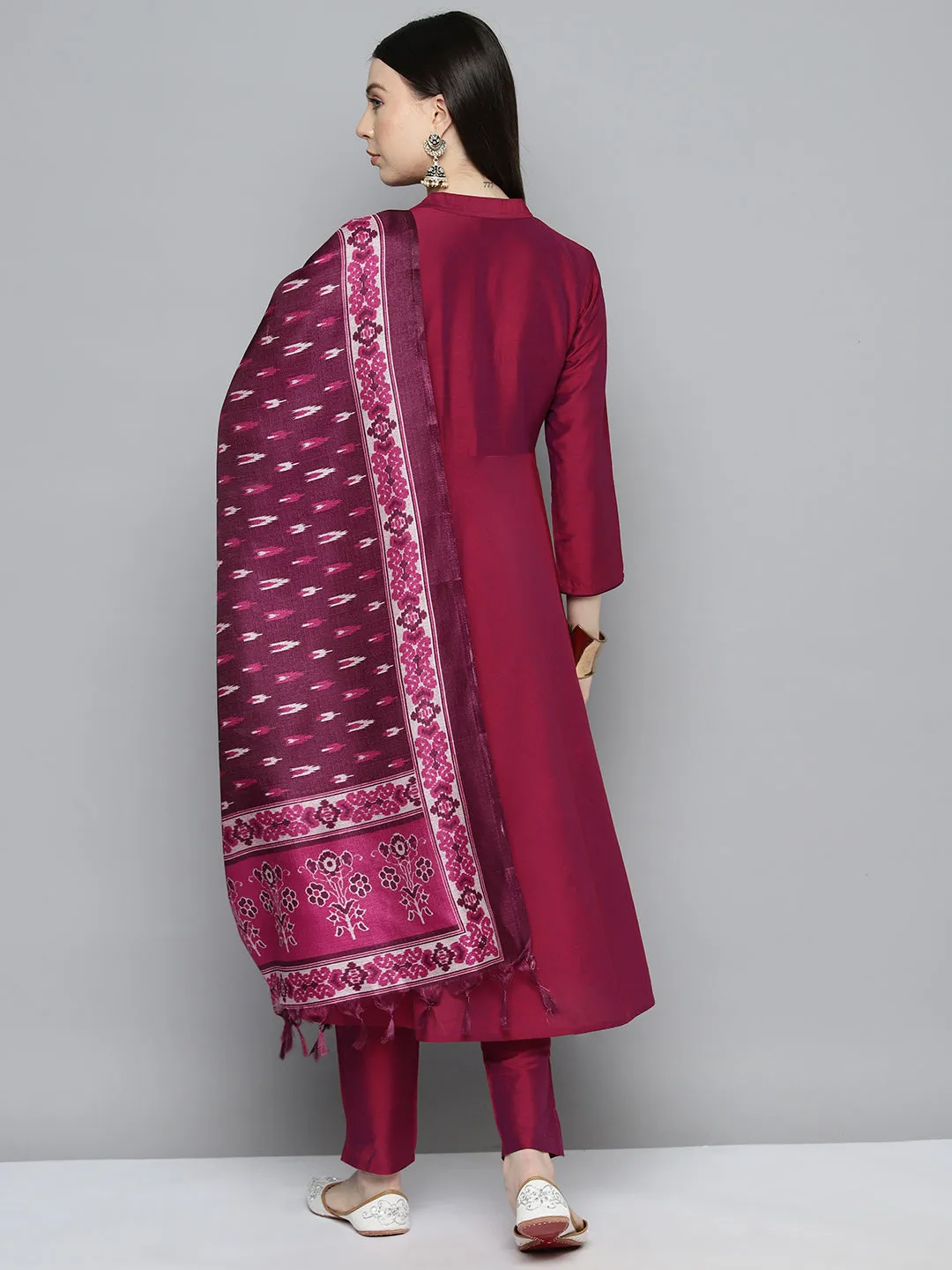 Embroidered Cotton Silk Flared Kurta,Pant With Dupatta Set