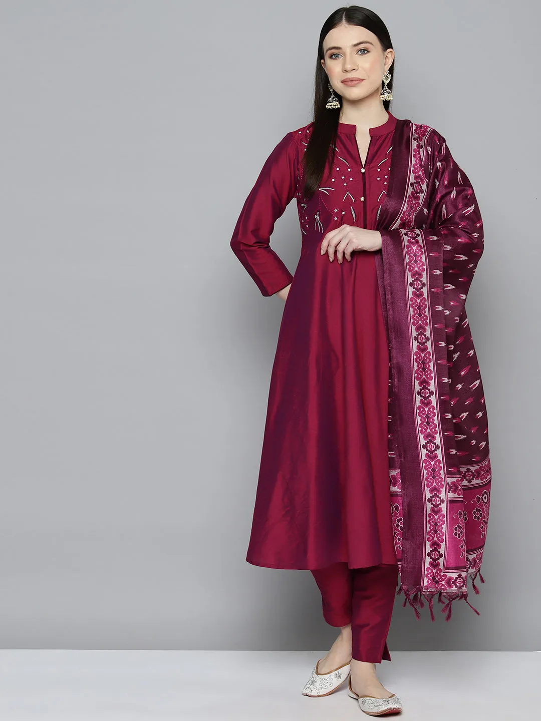 Embroidered Cotton Silk Flared Kurta,Pant With Dupatta Set