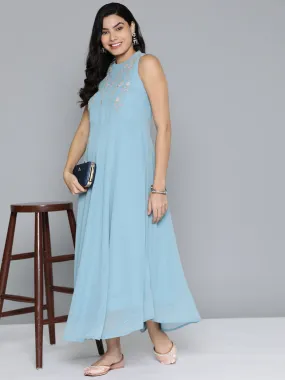 Embroidered Powder Grey Flaired Dress