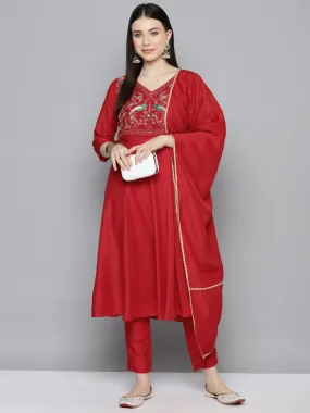 Embroidered Silk Flared Kurta,Pant With Dupatta Set