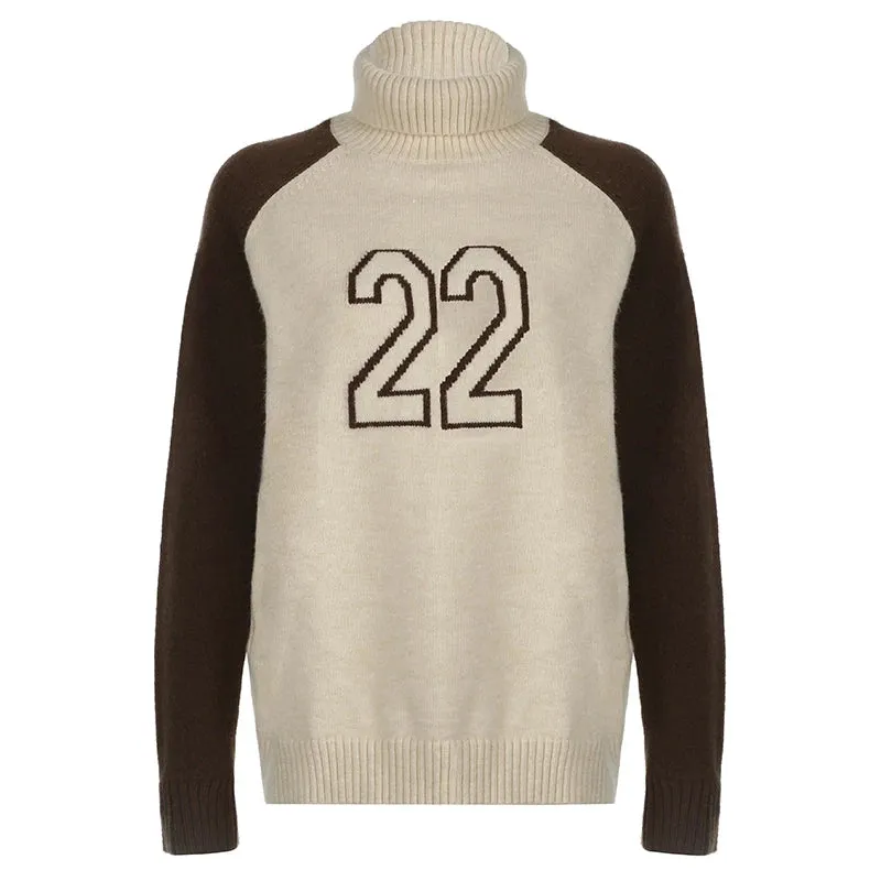 Fashion Digital Turtleneck Sweater Women Contrast Color Knitted Jumper Streetwear Autumn Winter Pullover Warm Clothes