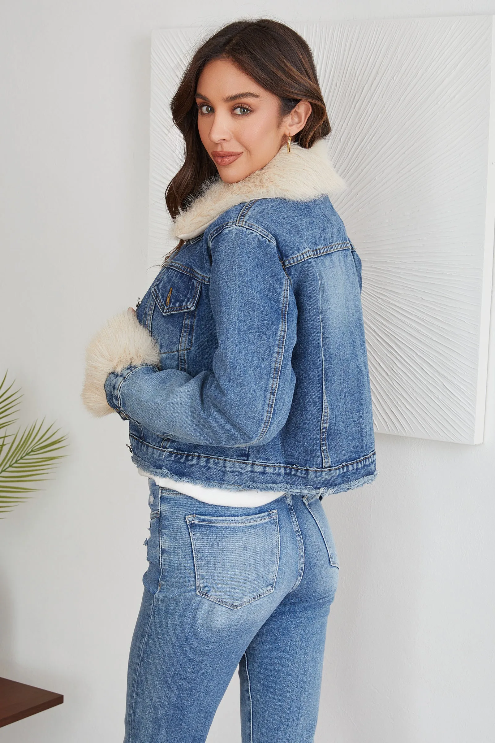 Faux Fur Trim Distressed Denim Jacket