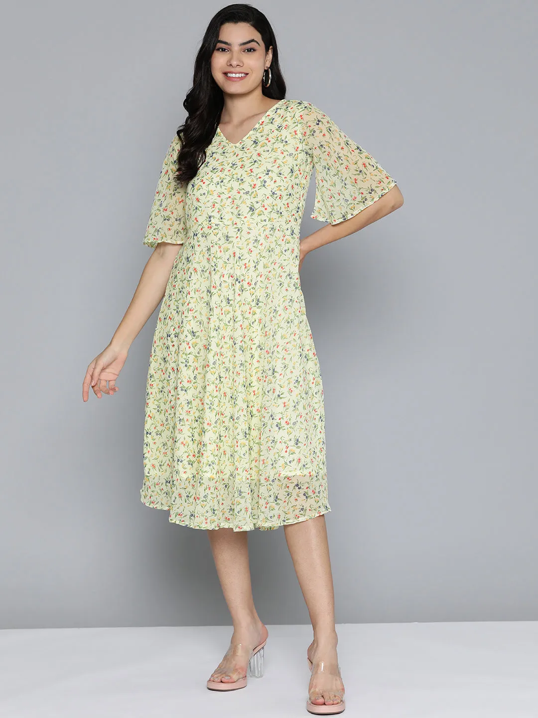 Floarl Print Flaired Gorgette Dress