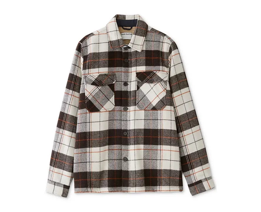 Frank And Oak Men's Relaxed Fit Plaid Fleece Lined Shirt Jacket Brown 2XL
