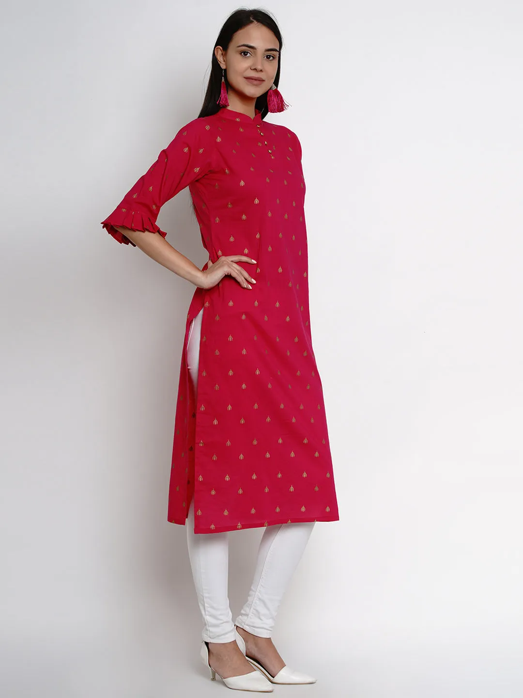 Fuchsia Pink Printed Straight Kurta