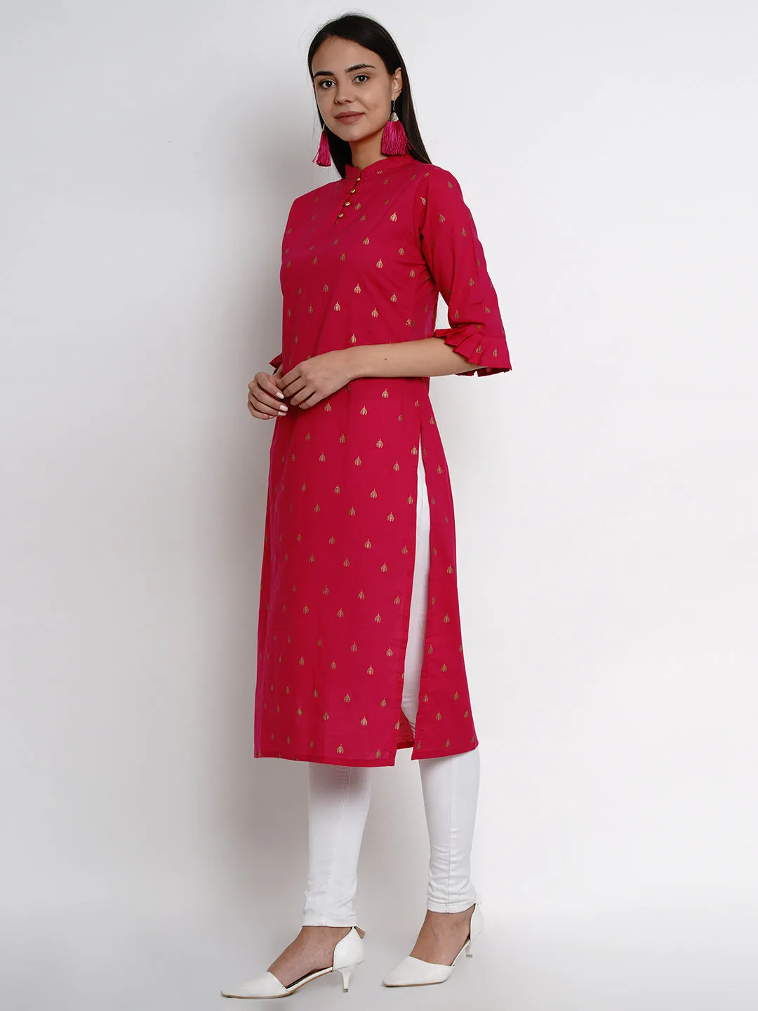 Fuchsia Pink Printed Straight Kurta