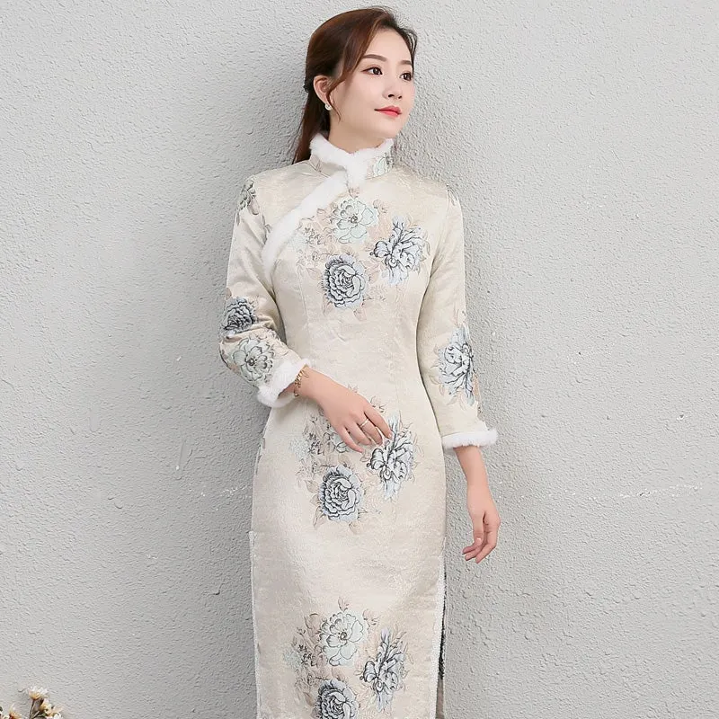 Fur Collar & Cuff Floral Brocade Cheongsam Knee Length Wadded Chinese Dress