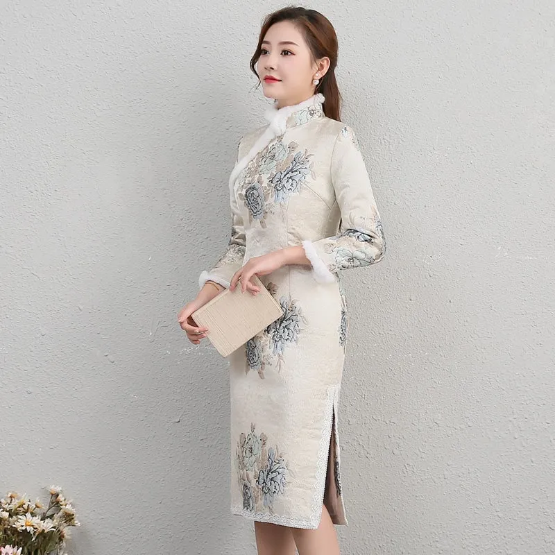 Fur Collar & Cuff Floral Brocade Cheongsam Knee Length Wadded Chinese Dress