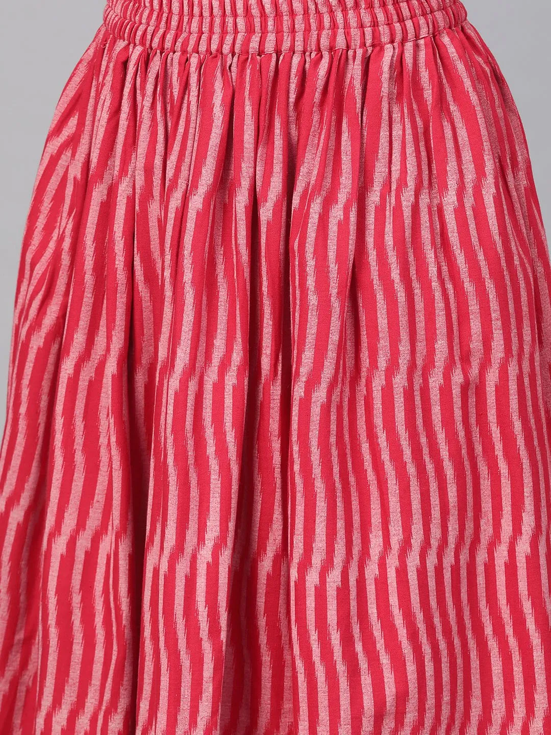 Fuscia Pink & Grey Ikat Printed Kurta Set With Skirt