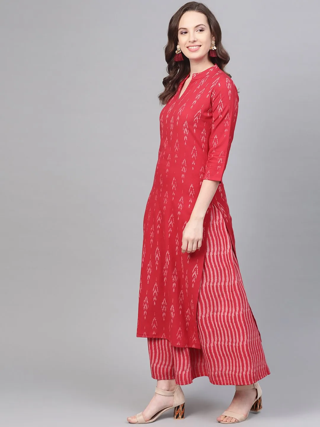 Fuscia Pink & Grey Ikat Printed Kurta Set With Skirt