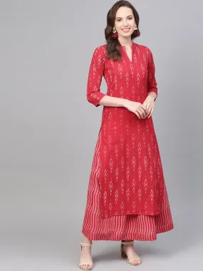 Fuscia Pink & Grey Ikat Printed Kurta Set With Skirt