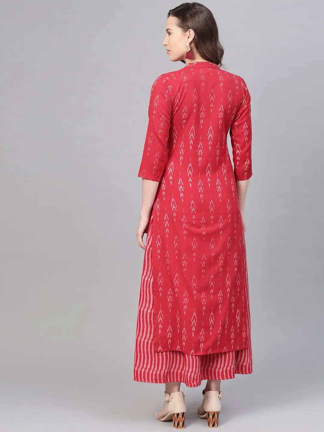 Fuscia Pink & Grey Ikat Printed Kurta Set With Skirt