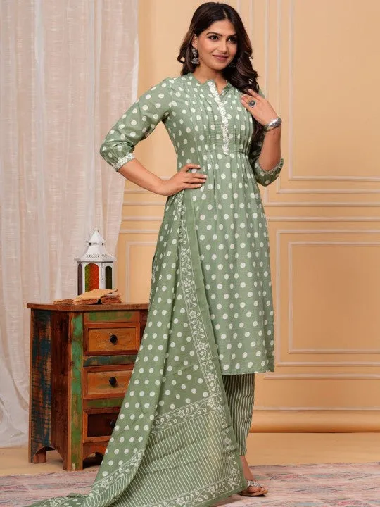 Geometric Printed Thread Work Regular Pure Cotton Kurta With Palazzos & Dupatta