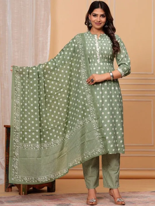 Geometric Printed Thread Work Regular Pure Cotton Kurta With Palazzos & Dupatta