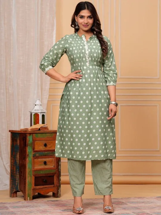 Geometric Printed Thread Work Regular Pure Cotton Kurta With Palazzos & Dupatta