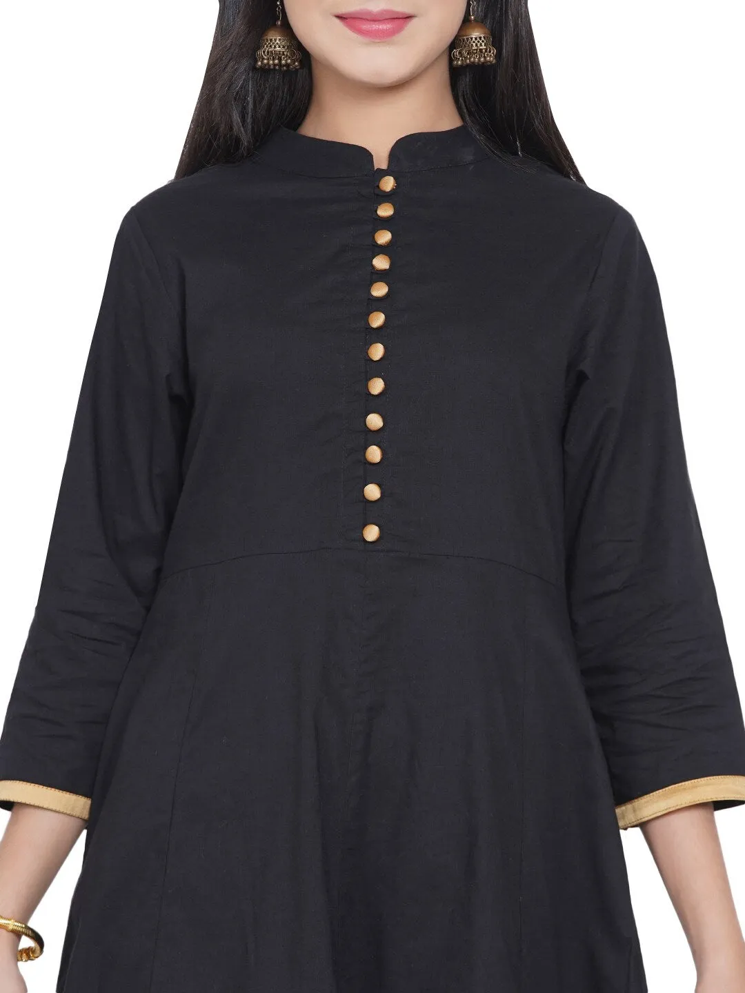 Girls Black & Gold-Coloured Ethnic Printed Panelled Kurta With Palazzos