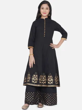 Girls Black & Gold-Coloured Ethnic Printed Panelled Kurta With Palazzos