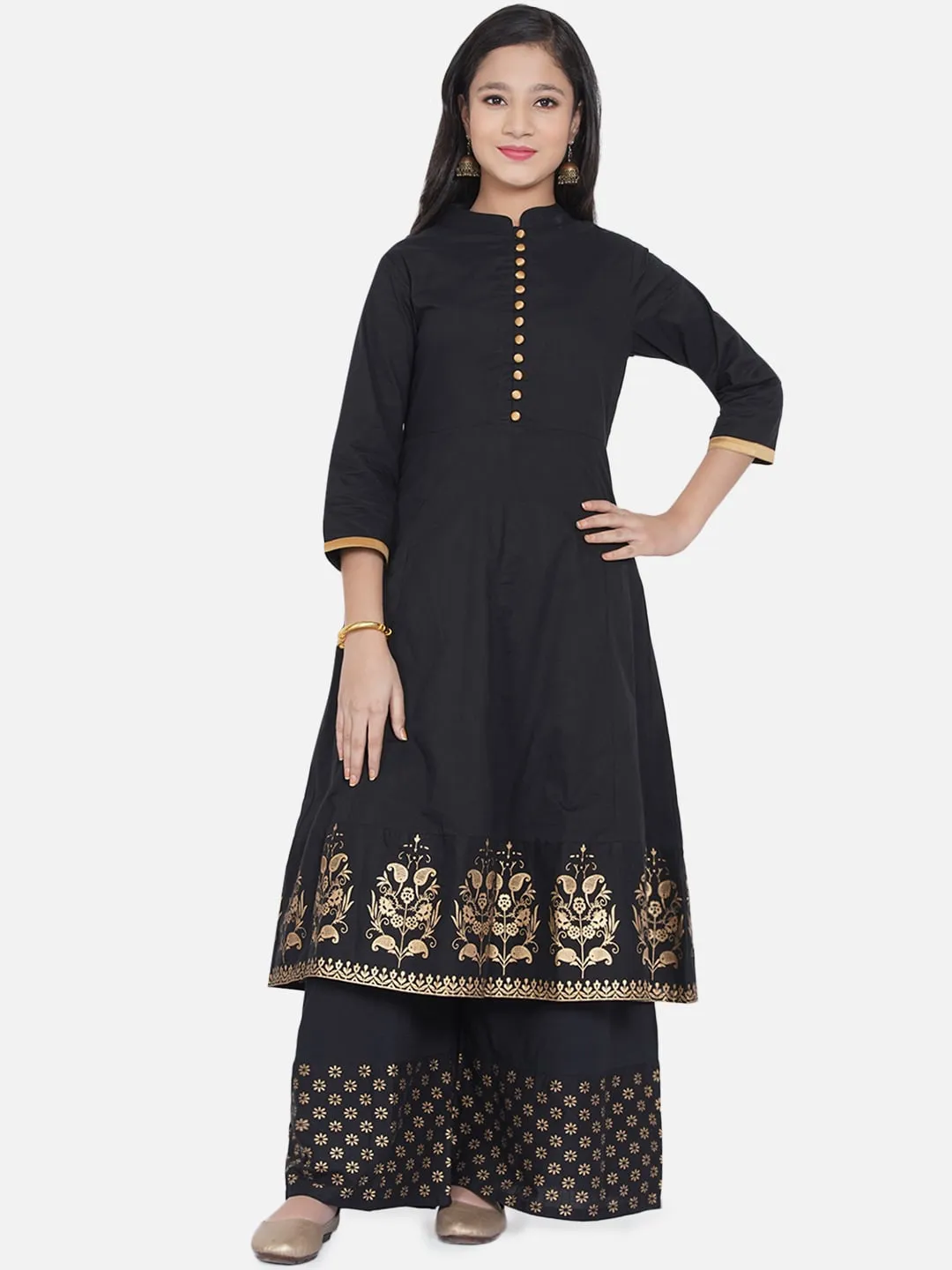 Girls Black & Gold-Coloured Ethnic Printed Panelled Kurta With Palazzos