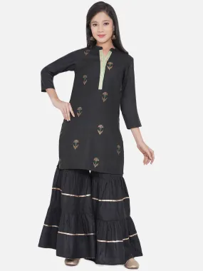 Girls Black Ethnic Motifs Printed Kurta With Sharara