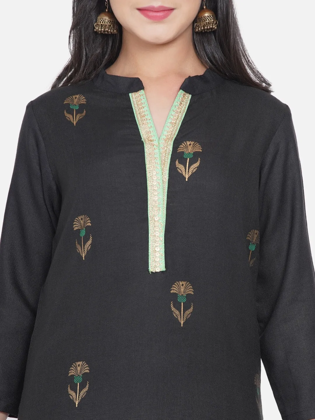 Girls Black Ethnic Motifs Printed Kurta With Sharara