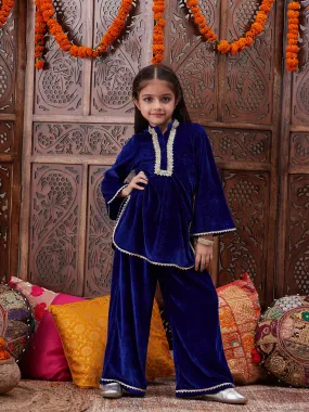 Girls Yoke Design Mandarin Collar Regular Gotta Patti Velvet Kurta With Salwar