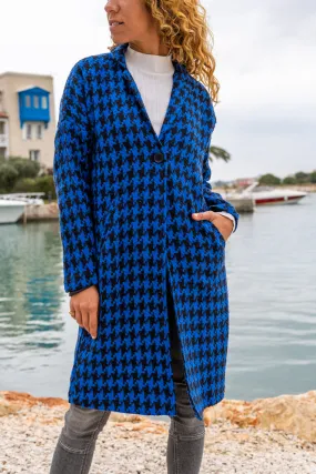 GNS Woman Blue Lined Houndstooth Patterned Pocketed Oversized Buttoned Coat Bst3299 - Ixtlahuaca