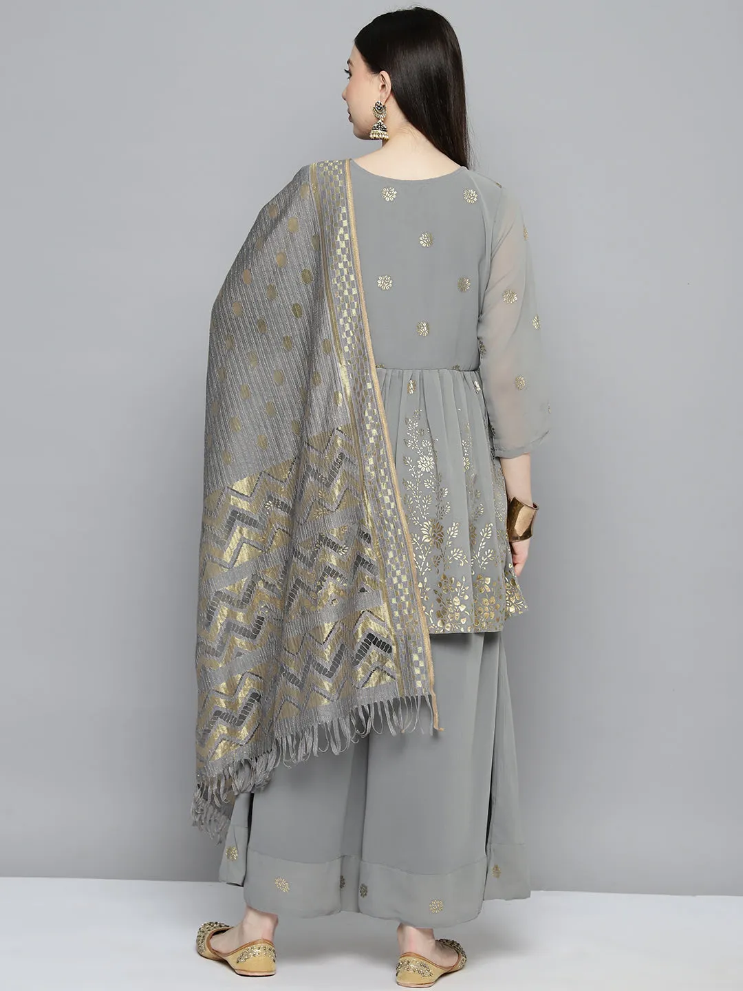 Gorgette Foil Print Kurta Palazzo Dupatta Set
