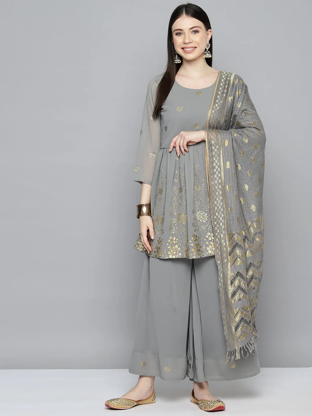 Gorgette Foil Print Kurta Palazzo Dupatta Set