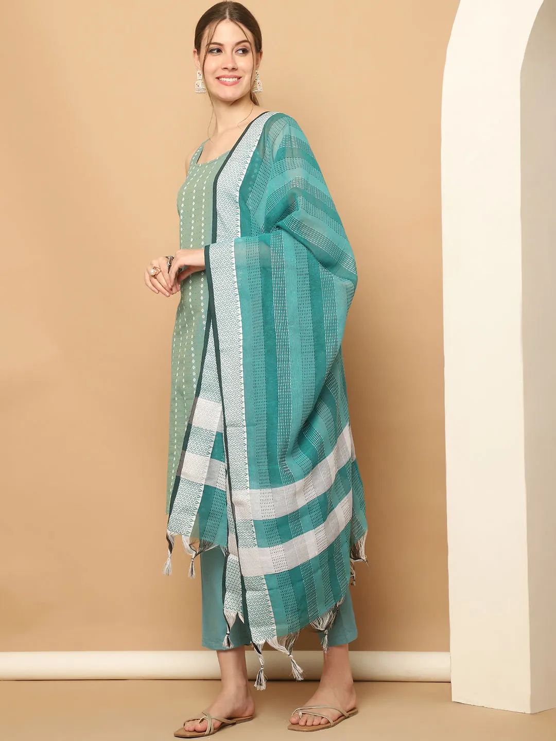 Green Dobby Kurta With Palazzos Dupatta Set