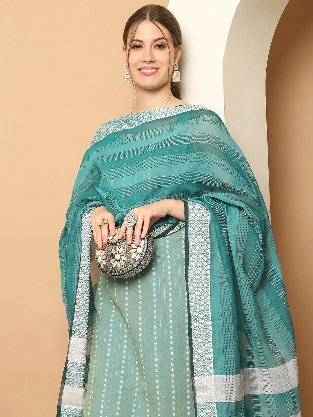 Green Dobby Kurta With Palazzos Dupatta Set