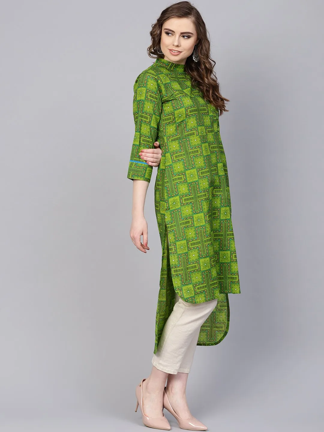 Green Geometric Printed With Closed Collar And Side Placket