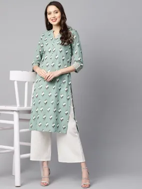 Green Kantha Floral Gold Print 3/4Th Sleeve Chinese Collar With Button And Cuff Detailing Kurta.