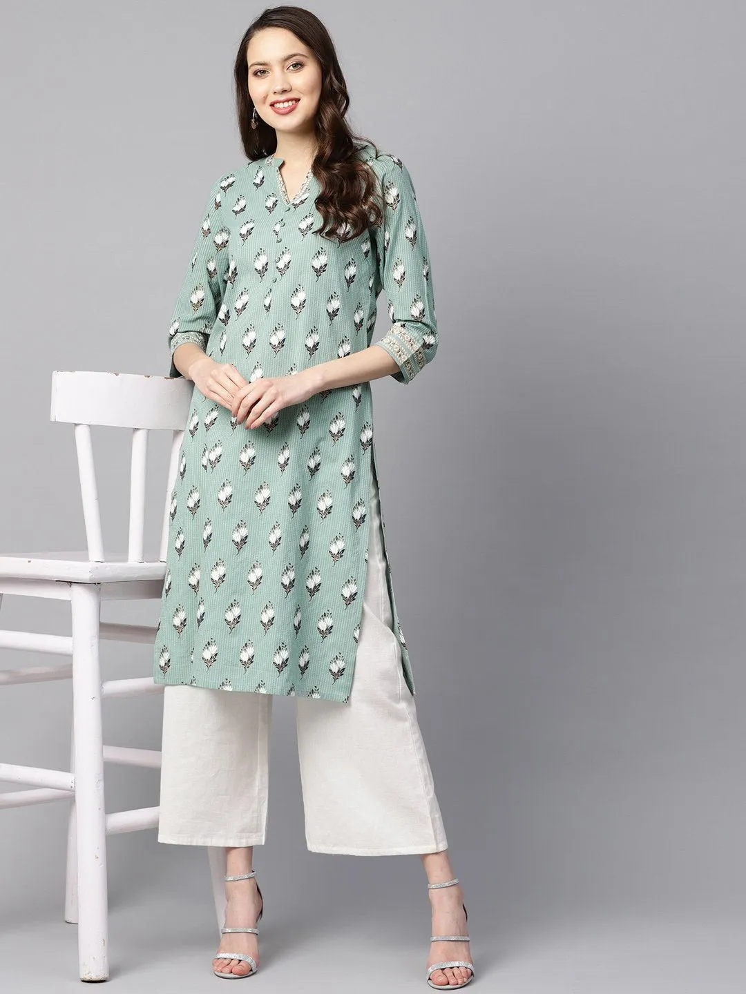Green Kantha Floral Gold Print 3/4Th Sleeve Chinese Collar With Button And Cuff Detailing Kurta.